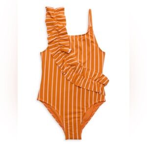 NWT Habitual Swim Girls  Orange and White Striped Ruffle Swimsuit in Size 12
